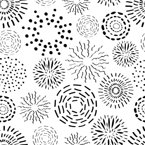 Vector seamless pattern with different round ink elements. Abstract trendy background with fireworks. — Stock Vector