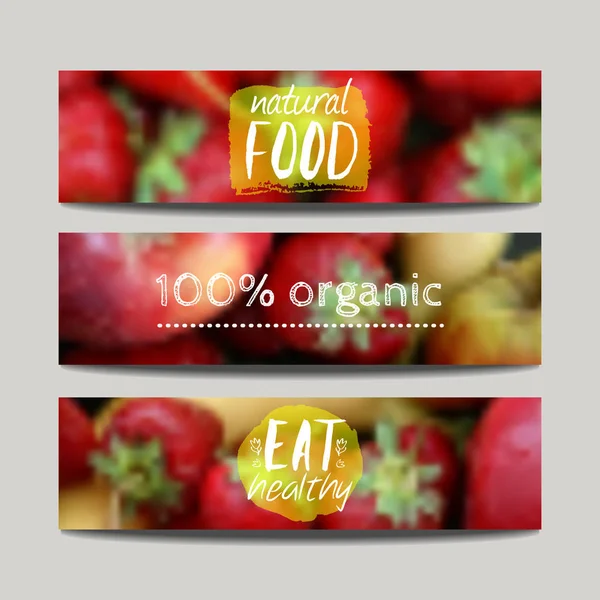 Διανυσματικά banner πρότυπο σχεδιασμού με θόλωμα φόντο με φρούτα και φράουλα. Υγιεινά φρέσκα τρόφιμα, Χορτοφαγική και Eco concept. Μπορεί να χρησιμοποιηθεί για την παρουσίαση, ιστός, Φέιγ βολάν, περιοδικό, εξώφυλλο, αφίσα. — Διανυσματικό Αρχείο
