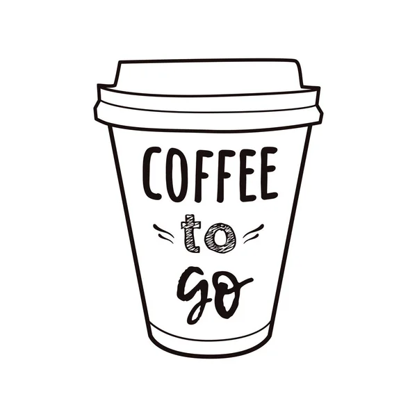 "커피가서"라는 문구가 있는 테이크 아웃 커피 컵의 벡터 일러스트레이션. 음료 및 음료 메뉴 또는 카페 디자인을위한 빈티지 드로잉. — 스톡 벡터