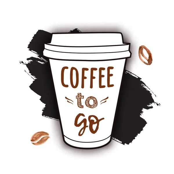Ilustração vetorial de uma xícara de café take away com a frase "Café para ir" com pincel de aquarela e grãos de café. Desenho vintage para bebidas e bebidas menu ou design de café . — Vetor de Stock