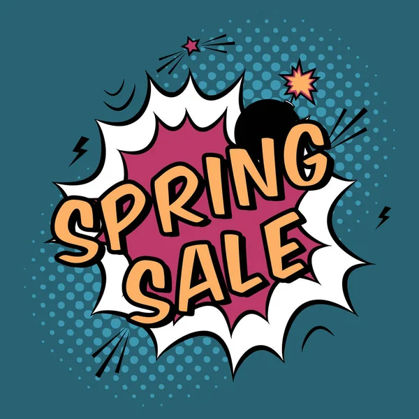 Ilustración de arte pop colorido vectorial con promoción de descuento Spring Sale. Plantilla decorativa con fondo de medio tono y explosión de bomba en estilo cómico moderno . — Vector de stock