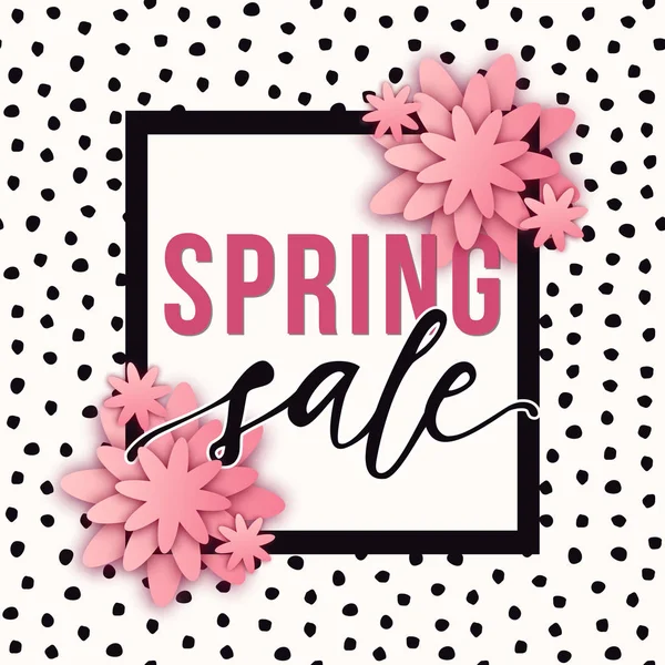 Abstract vector Spring Sale poster with paper cut flowers, frame and lettering on dotted background. Trendy design illustration with discount promotion. — Stock Vector