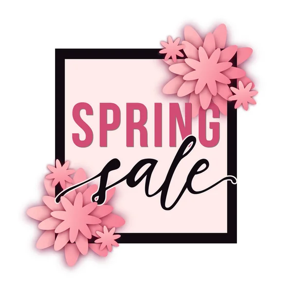 Abstract vector Spring Sale poster with paper cut flowers, frame and lettering. Trendy design illustration with discount promotion. — Stock Vector
