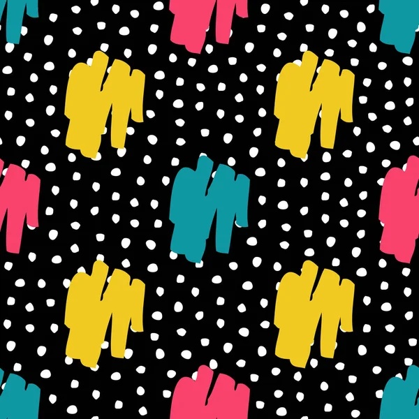 Vektör dikişsiz trendy dağınık geometrik ve polka nokta desen. Modern mürekkep fırça elemanları arka plan. Baskı, ambalaj kağıdı, duvar kağıdı için harika