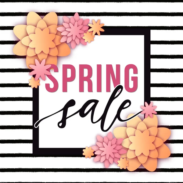 Abstract vector Spring Sale poster with paper cut flowers, frame and lettering on striped background. Trendy design illustration with discount promotion. — Stock Vector