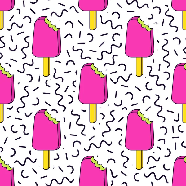 噛まれたアイスクリームと幾何学的なメンフィス要素を持つベクトルトレンディなシームレスなパターン。現代の夏のファッションプリントの背景 — ストックベクタ