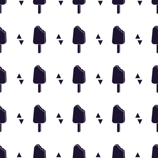 Векторный модный бесшовный рисунок с укушенным мороженым и треугольниками. Современный летний фон для печати одежды — стоковый вектор
