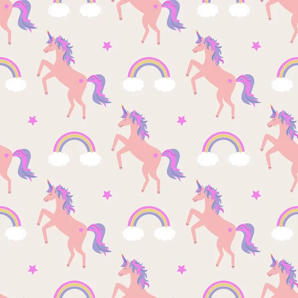 Vector cute seamless pattern with unicorns, rainbows and stars — Stock Vector