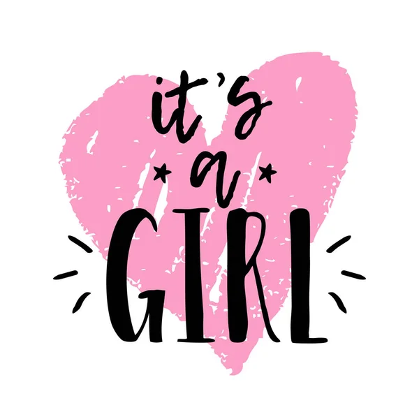 Cartaz de chuveiro de bebê vetorial com mão rosa bonito coração desenhado e é uma menina lettering —  Vetores de Stock