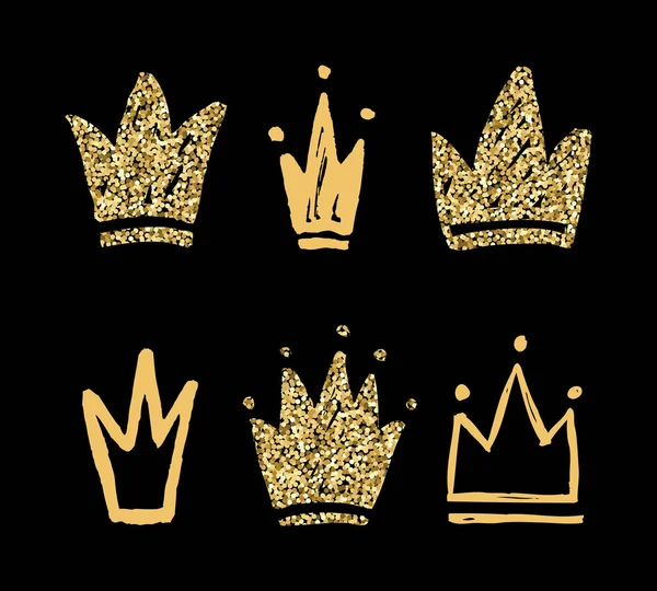 王冠の抽象的な黄金のシルエットのベクトルセット。孤立した手描きのグランジアイコン — ストックベクタ