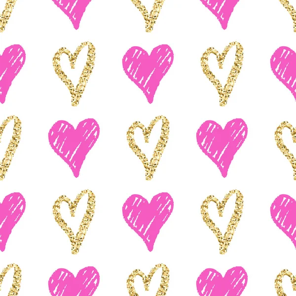 Patrón sin costura vectorial con corazones dorados y rosados dibujados a mano. Decoración para San Valentín, boda — Vector de stock