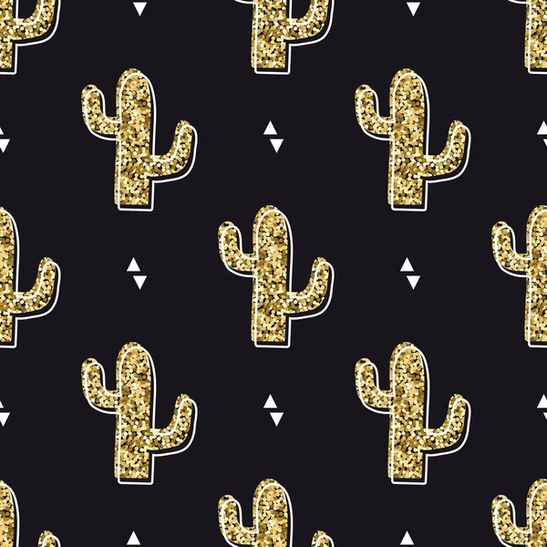 Vector naadloze patroon met gouden cactussen en driehoeken. Modern design voor mode, print, poster, kaart, textiel. Scandinavische stijl. — Stockvector