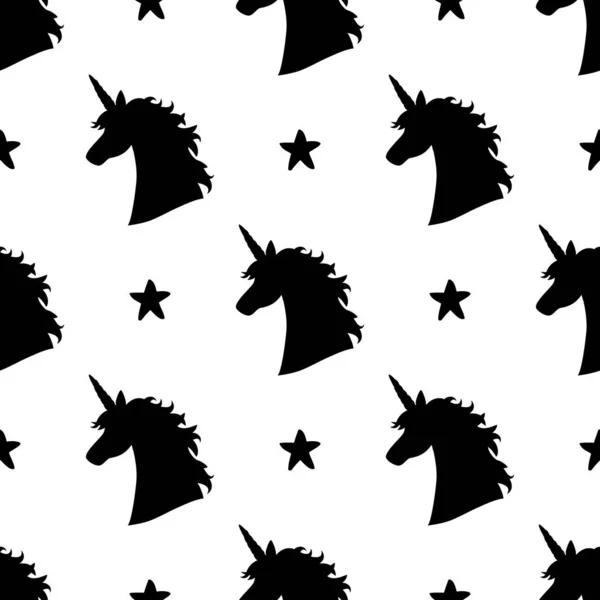 Vektornahtloses Muster mit magischen Einhornkopfsilhouetten und Sternen. inspirierendes Design für Print, Banner, Poster, Mode. — Stockvektor