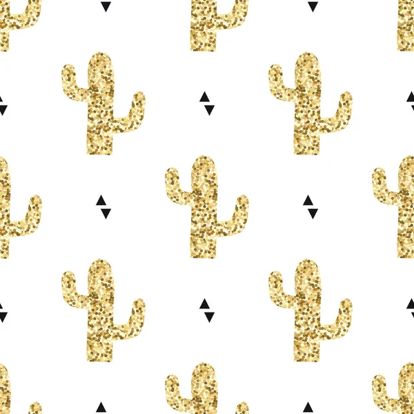 Patrón sin costura vectorial con cactus dorados y triángulos. Diseño moderno para moda, estampado, póster, tarjeta, textil. Estilo escandinavo . — Vector de stock