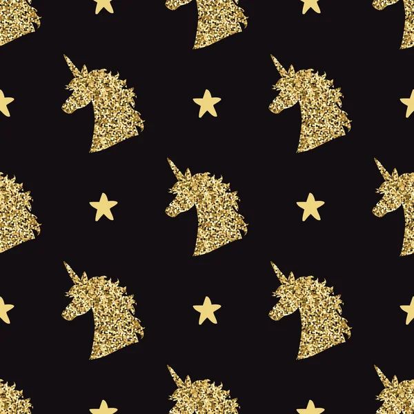Vektor varrat nélküli mintázat arany mágikus Egyszarvú fej sziluettek és a csillagok. Inspiráló design nyomtatás, banner, plakát, divat. — Stock Vector