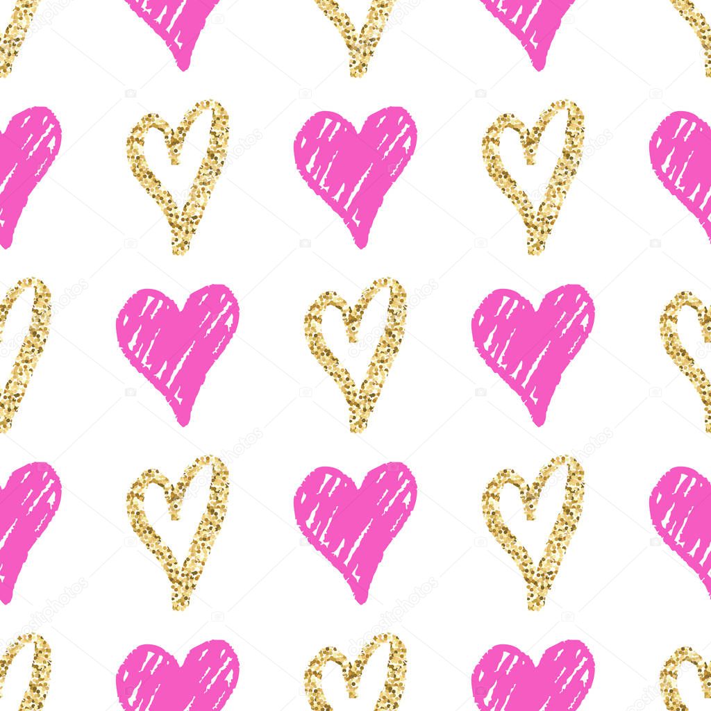 Vector seamless pattern with hand drawn golden and pink hearts. Decoration for Valentine's day, wedding