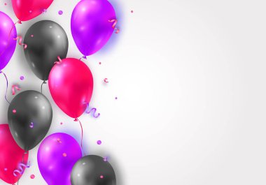 Parlak hava 3d uçan balonlar, kurdeleler ve konfeti ile Vektör arka plan. Doğum günü, yıldönümü, kutlama, etkinlik tasarımı için parti dekorasyonu.