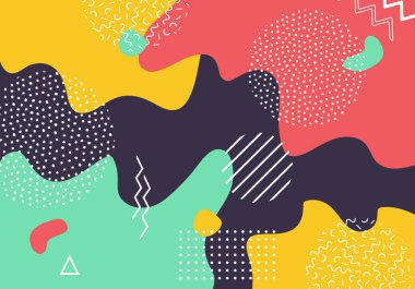 Vektör soyut pop art desen arka plan çizgiler ve noktalar ile. Trendy memphis tarzında geometrik şekillerin modern sıvı sıçramaları