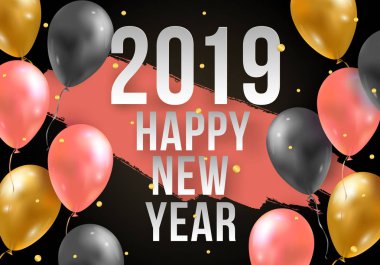 Vektör Happy New Year 2019 çizim uçan 3d parti hava balonları ve konfeti ile. Trendy Merry Christmas kutlama arka plan
