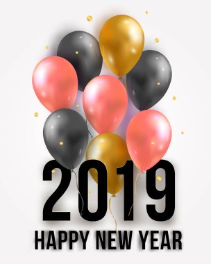 Vektör Happy New Year 2019 çizim uçan 3d parti hava balonları ve konfeti ile. Trendy Merry Christmas kutlama arka plan