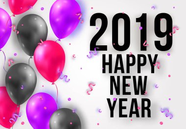 Vektör Happy New Year 2019 çizim uçan 3d parti hava balonları, kurdeleler ve konfeti ile. Trendy Merry Christmas kutlama arka plan