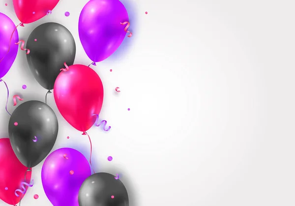 Διανυσματικό φόντο με γυαλιστερό αέρα 3D ιπτάμενα μπαλόνια, κορδέλες και κομφετί. Πάρτι διακόσμηση για γενέθλια, επέτειος, εορτασμός, σχέδιο εκδηλώσεων. — Διανυσματικό Αρχείο