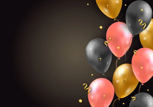 Fond vectoriel avec des ballons volants 3d à air brillant, rubans et confettis. Décoration de fête pour anniversaire, anniversaire, célébration, conception d'événements . — Image vectorielle