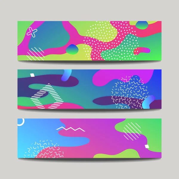 Banderas divertidas abstractas vectoriales con salpicaduras líquidas modernas de formas geométricas, líneas y puntos en estilo memphis de moda . — Vector de stock