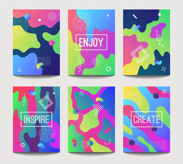Vector abstract fun A4 brochure cover templates with modern liquid splashes of geometric shapes, lines and dots in trendy memphis style. — Stock Vector