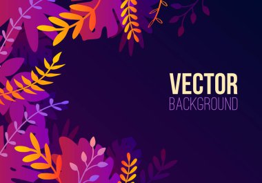 Degrade renkli egzotik bitkiler, yapraklar ve metin için yer ile trendy düz tarzda Vektör doğal yatay arka plan. Afiş, tebrik kartı, poster için modern botanik illüstrasyon.