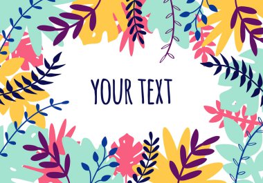 Çok renkli egzotik bitkiler, yapraklar ve metin için yer ile trendy düz tarzda Vektör doğal yatay arka plan. Afiş, tebrik kartı, poster için modern botanik illüstrasyon.