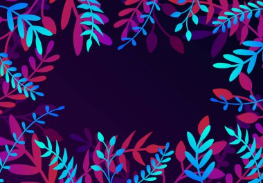 Degrade renkli egzotik bitkiler, yapraklar ve metin için yer ile trendy düz tarzda Vektör doğal yatay arka plan. Afiş, tebrik kartı, poster için modern botanik illüstrasyon.