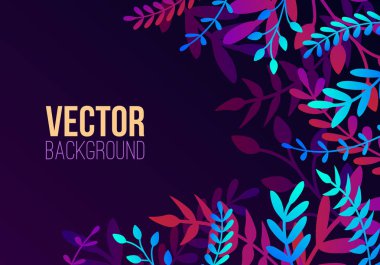 Degrade renkli egzotik bitkiler, yapraklar ve metin için yer ile trendy düz tarzda Vektör doğal yatay arka plan. Afiş, tebrik kartı, poster için modern botanik illüstrasyon.