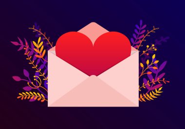 Vektör trendy Mutlu Sevgililer Günü illüstrasyon aşk mektubu kavramı, bitkiler ve çiçekler ile. Büyük zarf ve kırmızı kalp, romantik arka plan, afiş tasarımı ile tebrik kartı