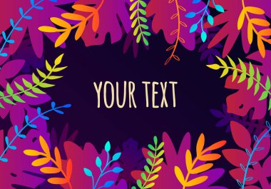 Degrade renkli egzotik bitkiler, yapraklar ve metin için yer ile trendy düz tarzda Vektör doğal yatay arka plan. Afiş, tebrik kartı, poster için modern botanik illüstrasyon.
