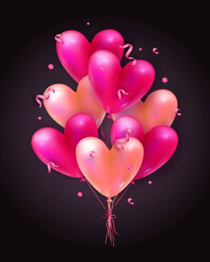 Hava balonu kalpleri, konfeti ve şeritler gerçekçi 3d uçan demet ile Vektör tatil romantik illüstrasyon. Trendy Sevgililer Günü davetiyesi, poster veya şenlikli tebrik kartı