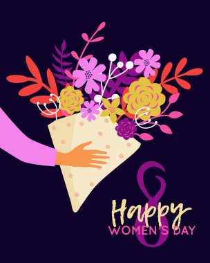 Vektör Mutlu 8 Mart illüstrasyon elleri çiçek buketi tutan ile. Trendy Uluslararası Kadınlar Günü tebrik kartı, afiş, el ilanı.