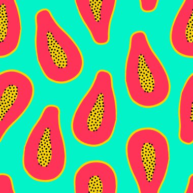 Papaya dilimlenmiş meyve ile Vektör tropikal dikişsiz desen. Tekstil, afiş, afiş, baskı için trendy yaz tasarımı
