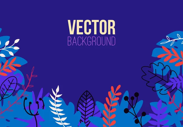 Vektor natürlichen horizontalen Hintergrund in trendigen flachen Stil mit bunten exotischen Pflanzen, Blättern und Platz für Text. moderne botanische Illustration für Banner, Grußkarten, Plakate. — Stockvektor