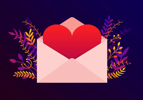 Vector trendy Happy Valentines Day illustratie met liefde brief concept, planten en bloemen. Wenskaart met grote envelop en rood hart, romantische achtergrond, banner ontwerp — Stockvector