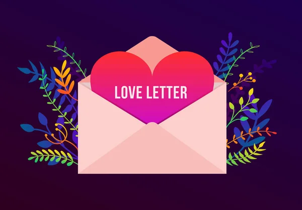 Vector moda Feliz Dia dos Namorados ilustração com conceito carta de amor, plantas e flores. Cartão de saudação com envelope grande e coração vermelho, fundo romântico, design de banner — Vetor de Stock