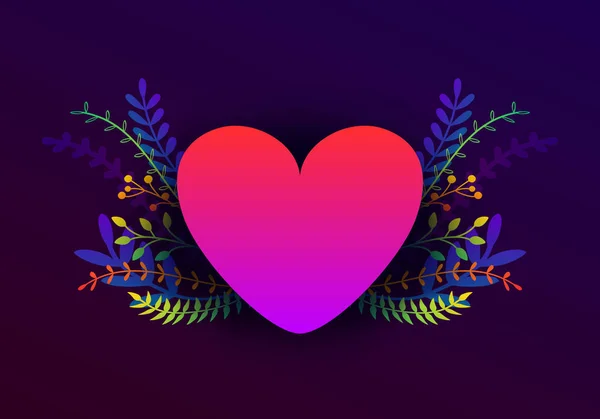 植物や花とベクトルトレンディハッピーバレンタインデーのイラスト。赤い心、ロマンチックな背景、バナーデザインのグリーティングカード — ストックベクタ