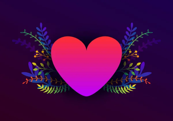 Vector de moda Feliz Día de San Valentín ilustración con plantas y flores. Tarjeta de felicitación con corazón rojo, fondo romántico, diseño de banner — Vector de stock