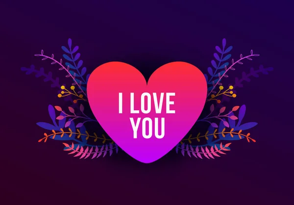 Illustration vectorielle Happy Valentines Day avec concept I Love You, plantes et fleurs. Carte de voeux avec coeur rouge, fond romantique, conception de bannière — Image vectorielle