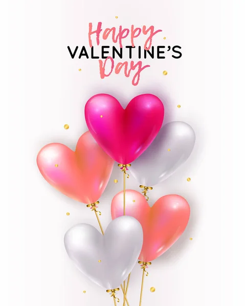 Vector holiday romantic illustration with realistic 3D flying bunch of air balloon hearts, confetti. Trendy Valentine's Day invitation, poster or festive greeting card — Stock Vector