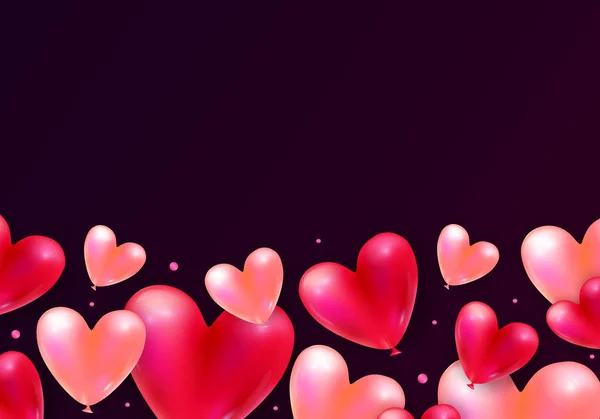 Fondo de vacaciones vectorial con realista 3D volando montón de corazones de globos de aire y partículas de confeti. Invitación al día de San Valentín o boda de moda, cartel o decoración festiva — Vector de stock