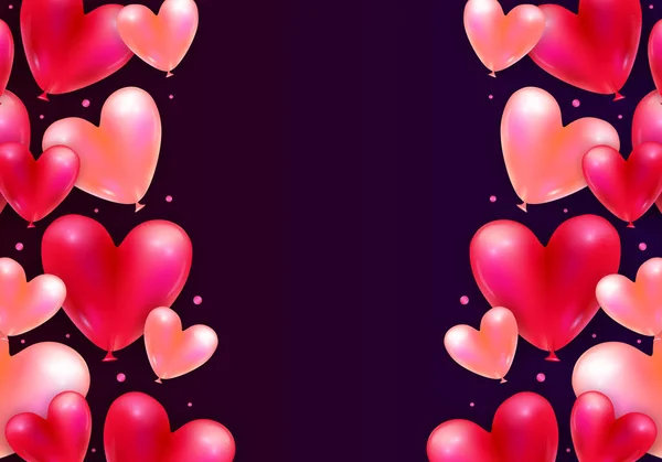 Vector ferie baggrund med realistiske 3D flyvende flok luftballon hjerter og konfetti partikler. Trendy Valentinsdag eller bryllup invitation, plakat eller festlig dekoration – Stock-vektor