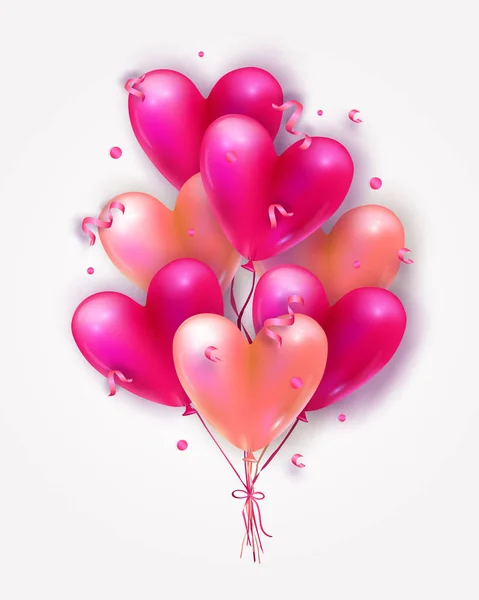 Векторная праздничная романтическая иллюстрация с реалистичной 3D летающей связкой воздушных шаров сердца, конфетти и лент. Модное приглашение на День Святого Валентина, плакат или праздничная открытка — стоковый вектор