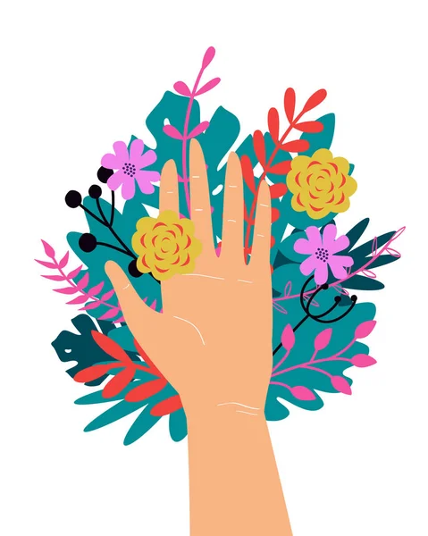 Ilustração da moda vetorial com mão de mulher isolada com flores. Design romântico bonito para salvar o planeta cartaz, dia dos namorados, convite de casamento, cartão de saudação — Vetor de Stock