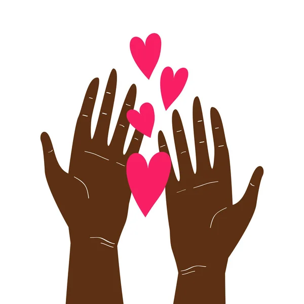 Векторна ілюстрація двох афро-американських рук тримає сердечка, ізольовану на білому фоні. З днем святого Валентина привітання дизайн карти, запрошення на весілля, любов тема плакат, зберегти планету або пожертвування концепція — стоковий вектор